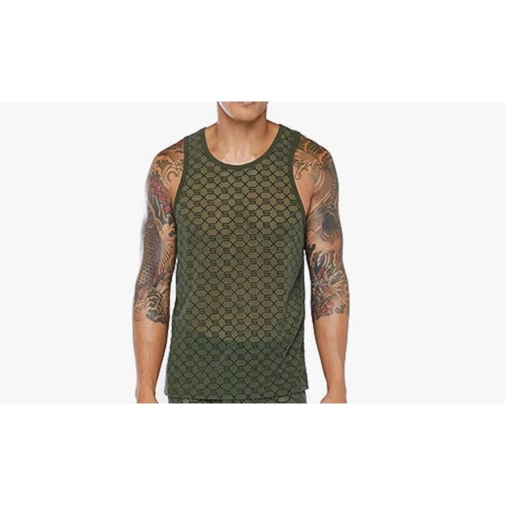 Savage X Fenty Mens Flocked Monogram Mesh Tank Green XXL NWT